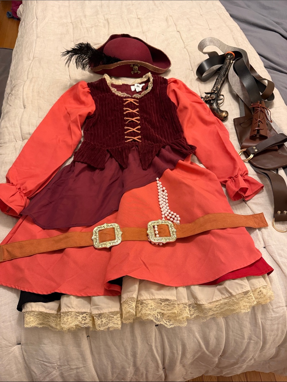 Kids Disney Pirate Dress Costume in Burgundy and Coral with Lace Trim